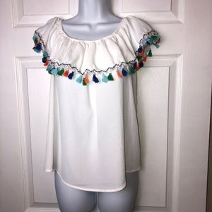 Cute Ruffle Top with Colorful Tassels Sleeveless White Top